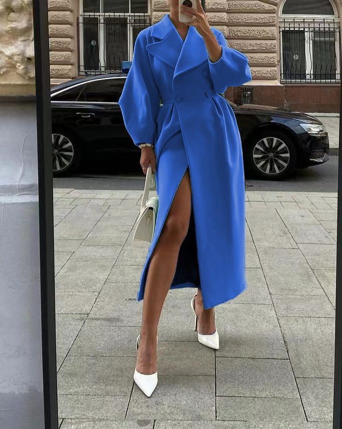 Damen Eleganter lange Mantel mit hohem Schlitz Drune