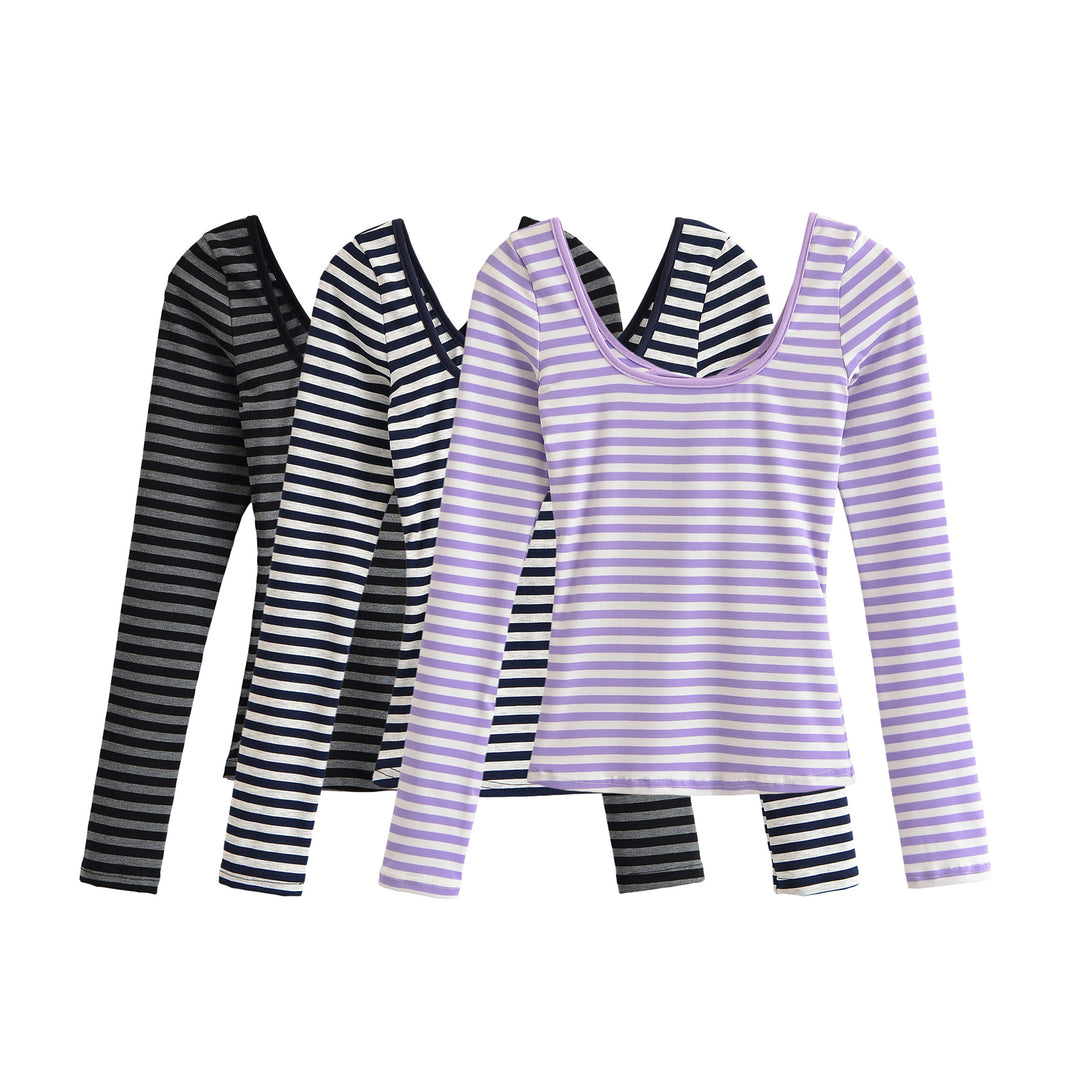 Damen Gestreiftes Langarmshirt mit tiefem Rundhalsausschnitt und Zierschleife Drune