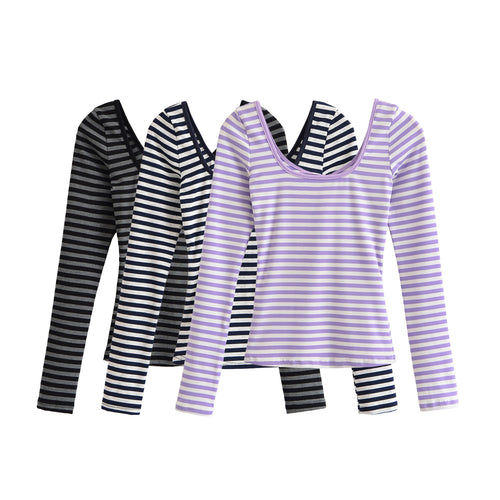Damen Gestreiftes Langarmshirt mit tiefem Rundhalsausschnitt und Zierschleife Drune