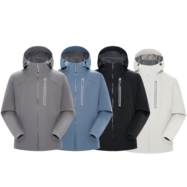 Herren Wasserdichte Softshell-Outdoorjacke mit verstellbarer Kapuze, verschweißten Reißverschlüssen und reflektierender Brusttasche Drune