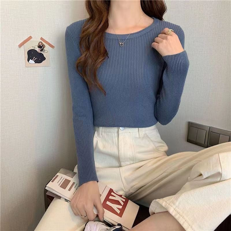 Damen Enganliegender Rippstrickpullover mit Rundhalsausschnitt Drune