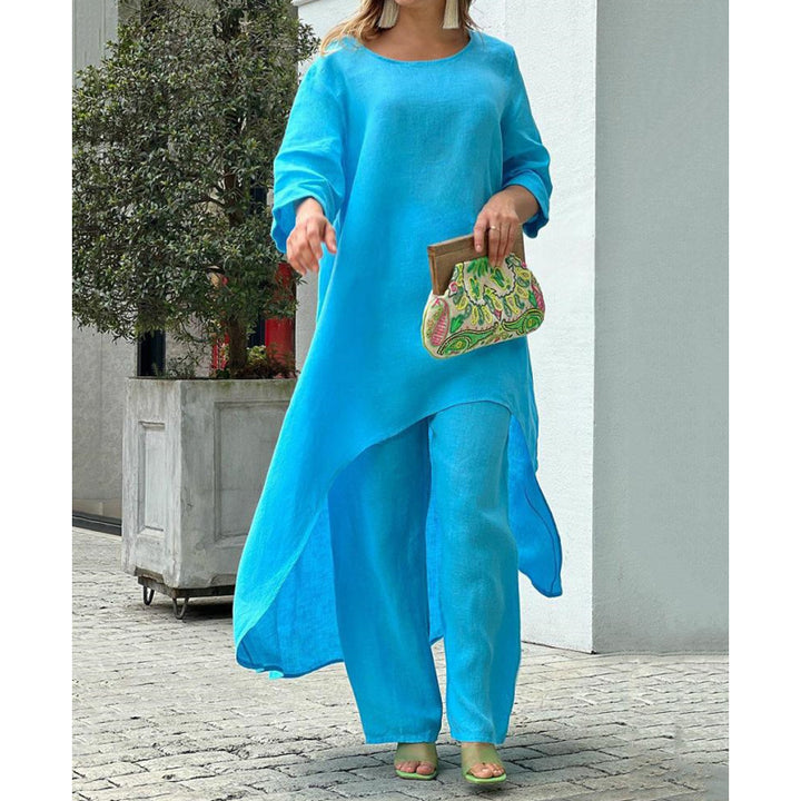 Damen Lässiges Leinenoptik-Zweiteiler mit asymmetrischer Long-Tunika und weitem Palazzo-Hose Drune