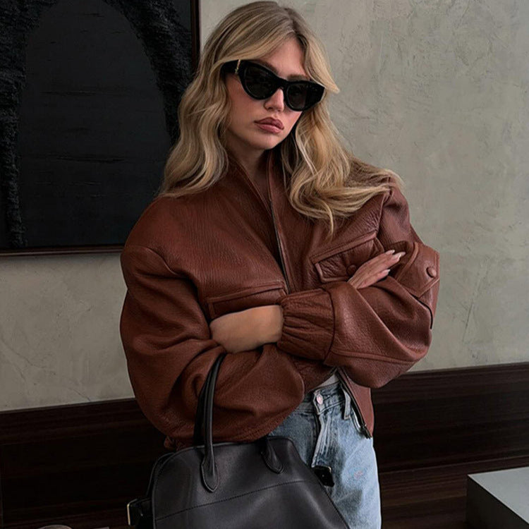 Damen Modische Kunstlederjacke mit einzigartigen Taschen und elastischen Rippabschlüssen Drune