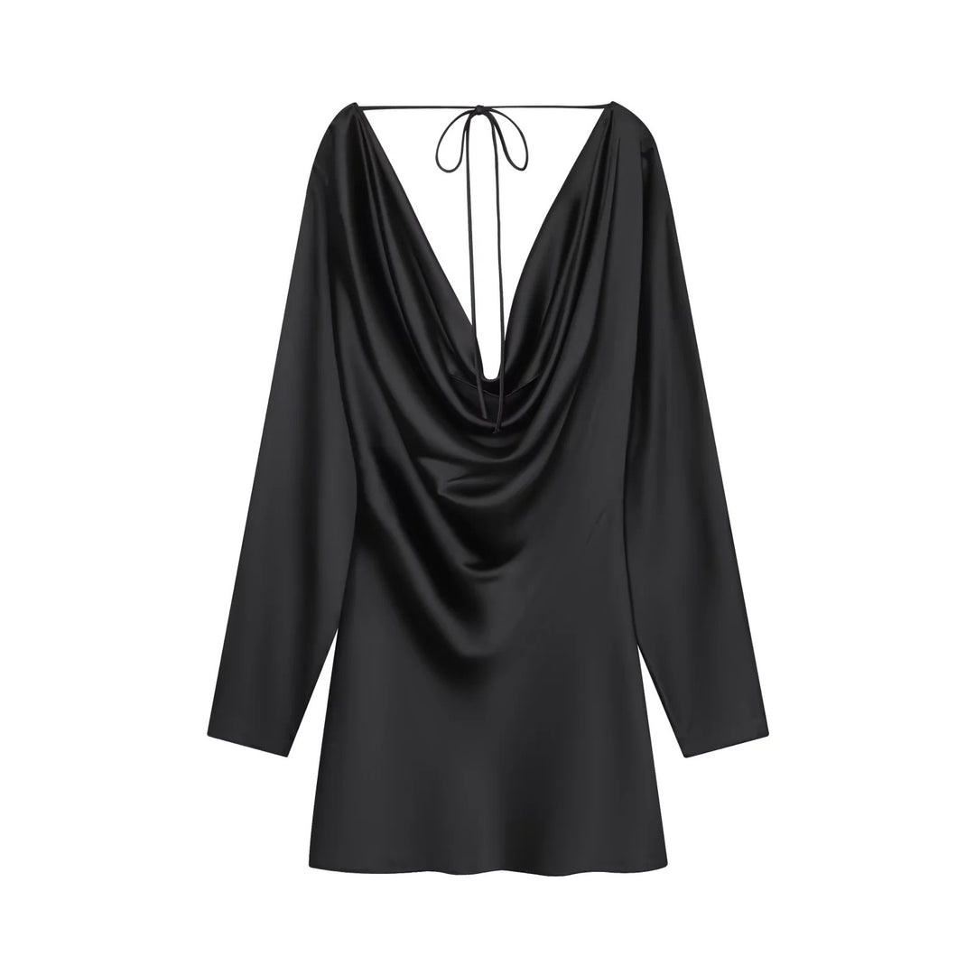 Damen nan satiniertes Minikleid mit tiefem Wasserfallrücken, Kordelbindung und langen Ärmeln Drune