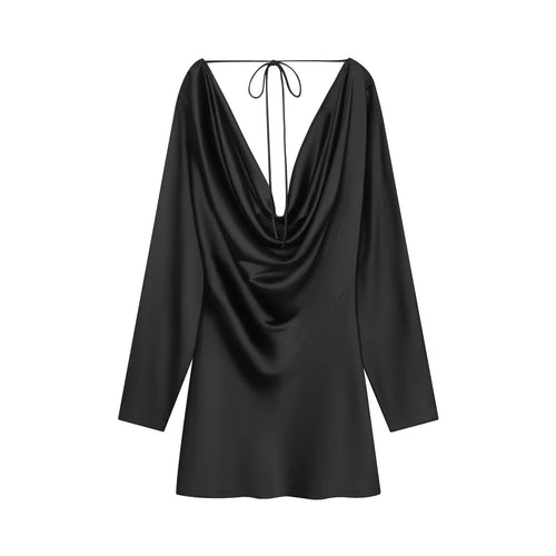Damen nan satiniertes Minikleid mit tiefem Wasserfallrücken, Kordelbindung und langen Ärmeln Drune