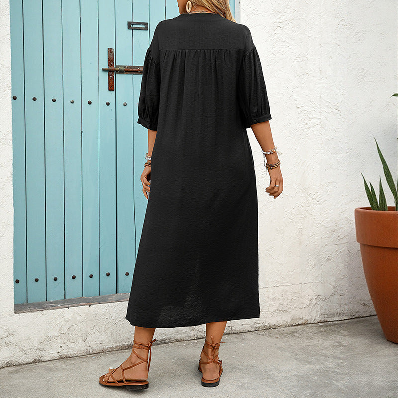 Damen Besticktes Hemdblusenkleid A‑Linie mit Knopfleiste und 3/4‑Ballonärmeln Drune