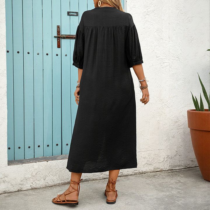 Damen Besticktes Hemdblusenkleid A‑Linie mit Knopfleiste und 3/4‑Ballonärmeln Drune