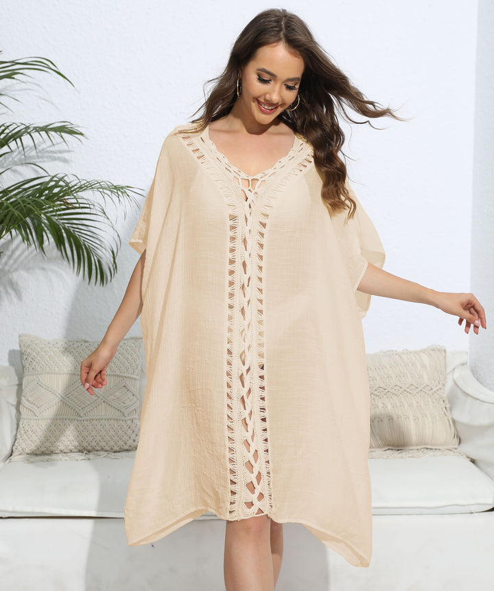 Damen luftiger Kaftan mit filigranem Häkelmuster Drune