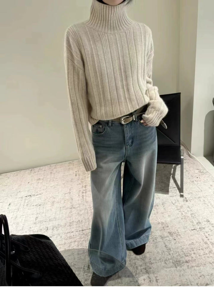 Damen lässiger Rollkragenpullover mit feinem Rippenmuster Drune