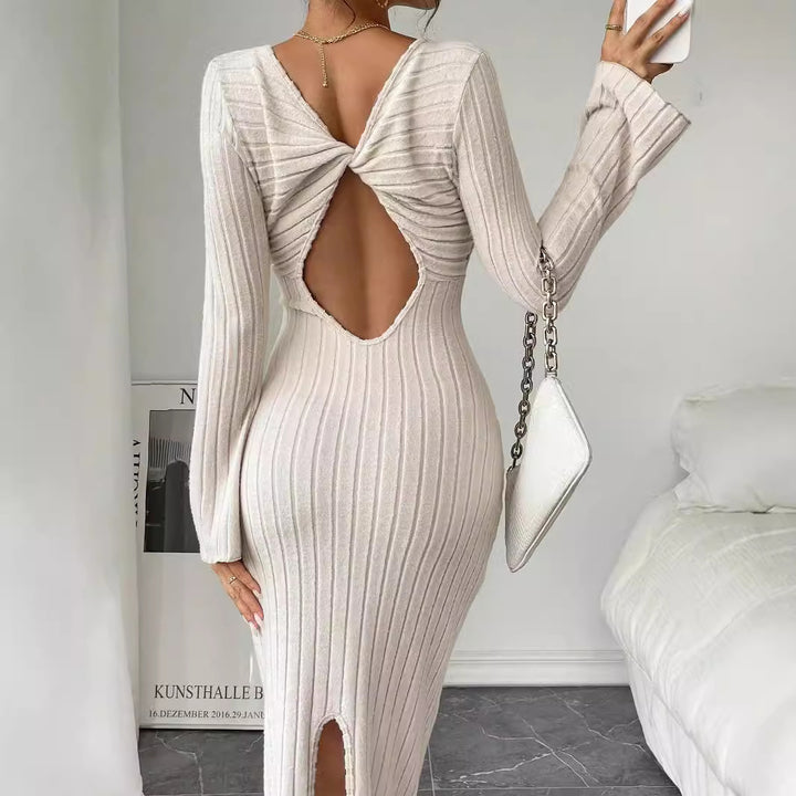 Damen geripptes Midaxi-Kleid mit U-Ausschnitt, figurbetonter Stretch-Silhouette und ausgestellten Ärmeln Drune