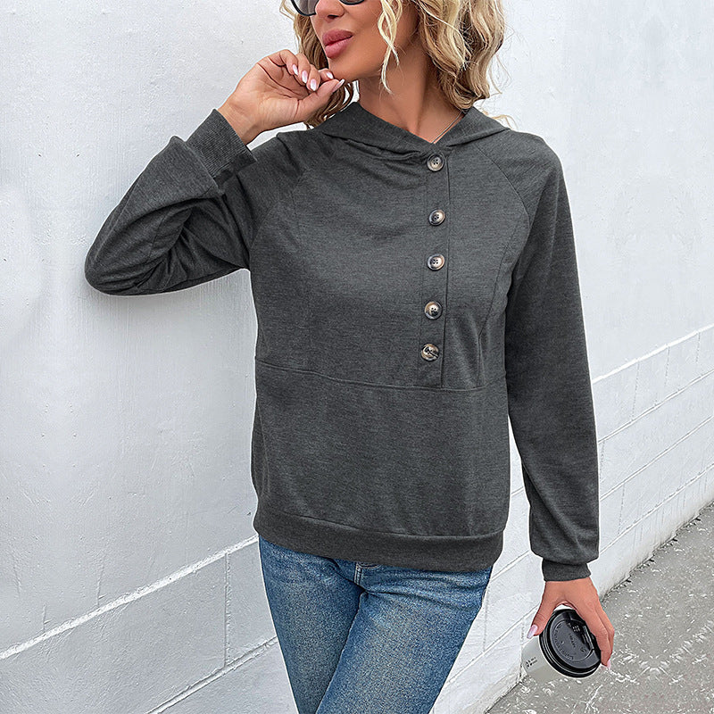 Damen Kapuzenpullover mit asymmetrischer Knopfleiste und Raglanärmeln Drune