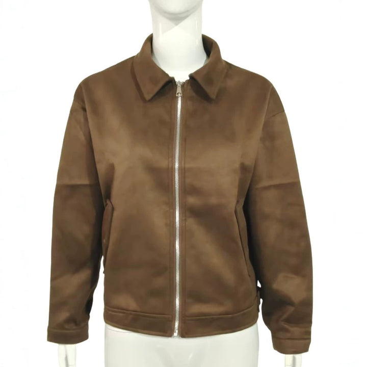 Damen Kurzblouson in Veloursleder-Optik mit Frontreißverschluss und Hemdkragen Drune