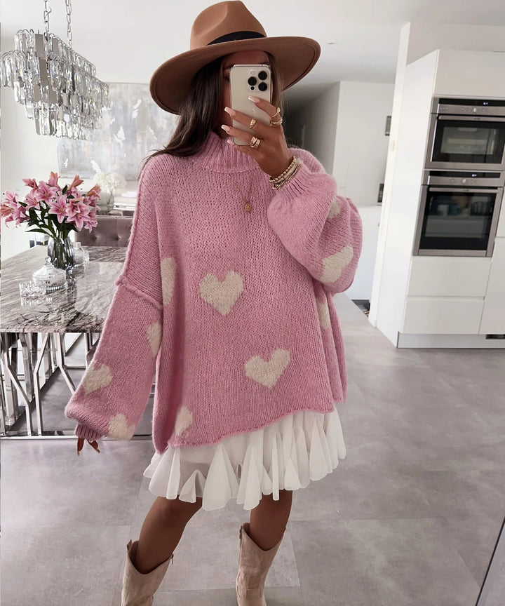 Damen modischer Oversized-Pullover mit herzförmigem Muster und voluminösen Ärmeln Drune
