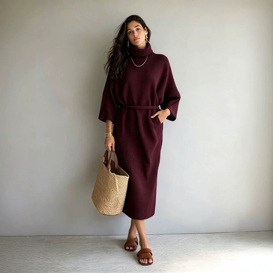 Damen Midilanges Rippenstrickkleid mit Rollkragen, Dreiviertelärmeln und Bindegürtel Drune