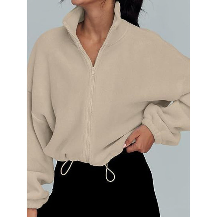 Damen trendy Oversize-Zip-Pullover mit hohem Kragen und Kordelzug Drune