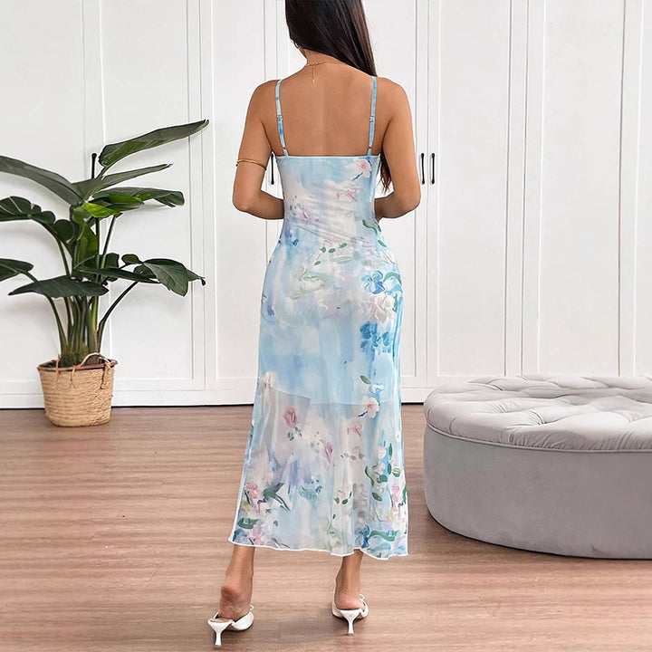 Damen fließendes Maxikleid mit Spaghettiträgern und floralem Druck Drune