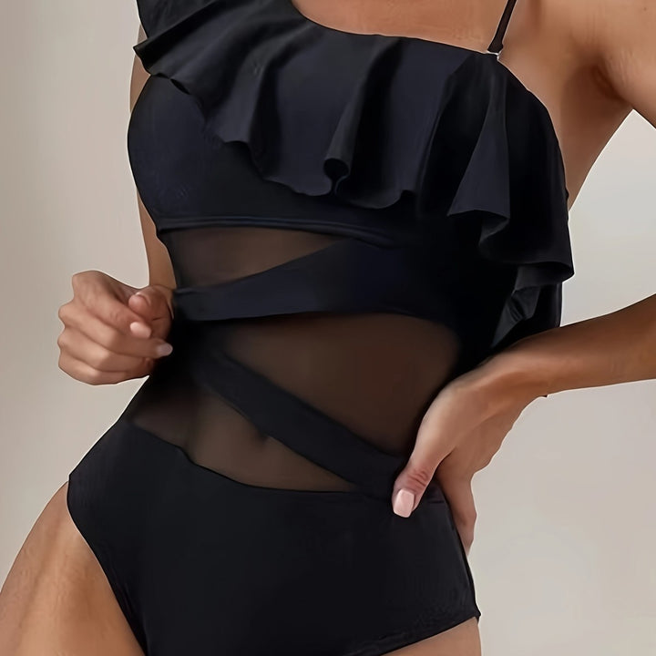 Damen Einteiler Badeanzug mit asymmetrischem Rüschendesign und eleganten Cut-Out-Details Drune