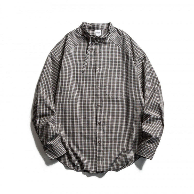 Herren Karierter Oversize-Hemd mit Stehkragen, Kordelzug und Raglanärmeln Drune
