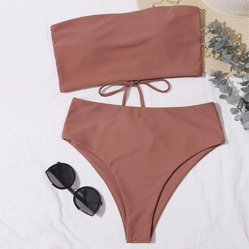 Damen Bandeau-Bikini-Set mit hohem Taillenslip und verstellbaren Trägern Drune