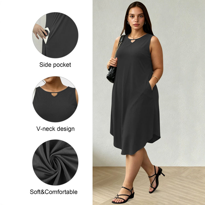 Damen Ärmelloses A-Linien-Midikleid mit seitlichen Eingrifftaschen und V-Ausschnitt Drune
