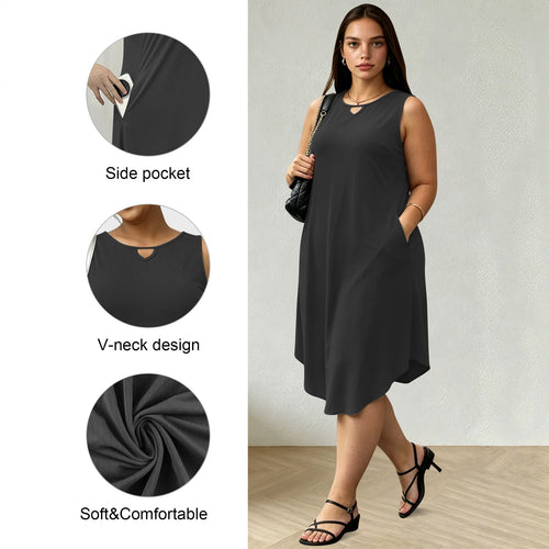 Damen Ärmelloses A-Linien-Midikleid mit seitlichen Eingrifftaschen und V-Ausschnitt Drune