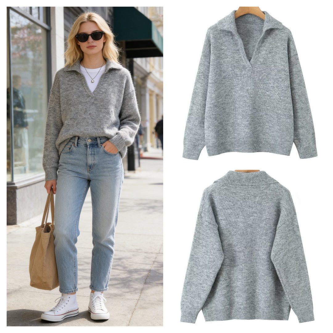 Damen lässiger Strickpullover mit Stehkragen und V-Ausschnitt Drune