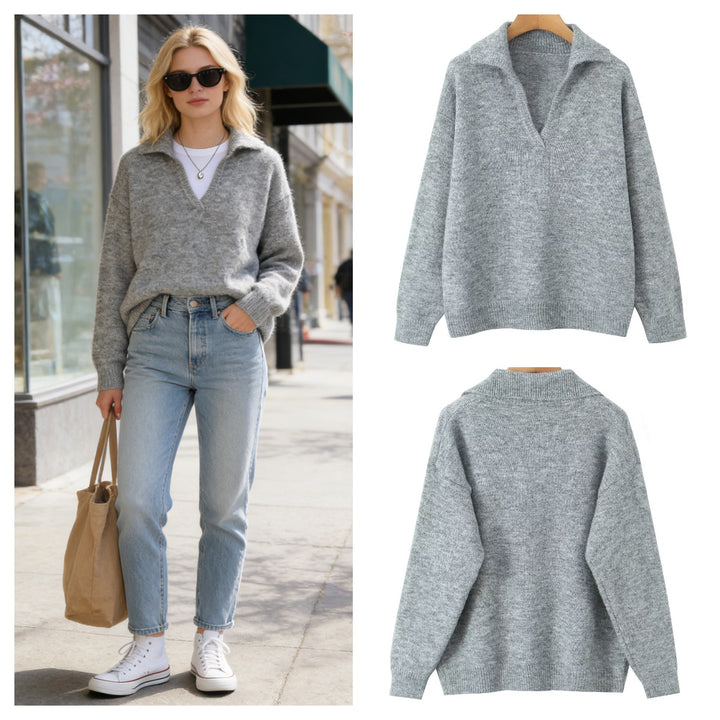 Damen lässiger Strickpullover mit Stehkragen und V-Ausschnitt Drune