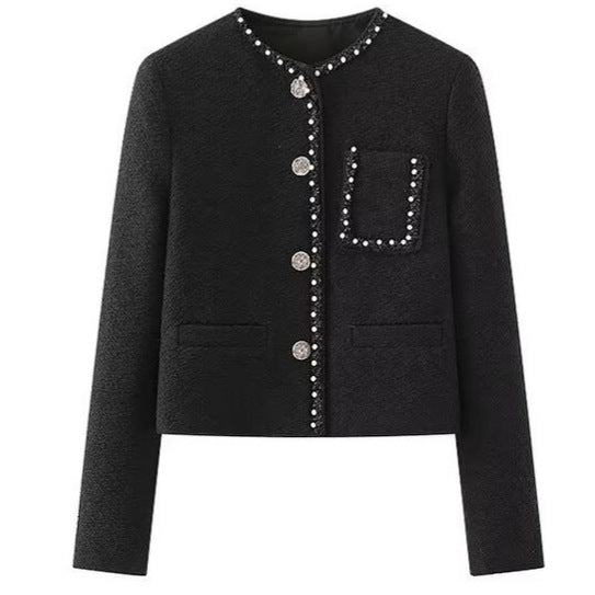 Damen elegante Jacke mit perlenverziertem Kragen und praktischen Taschen Drune