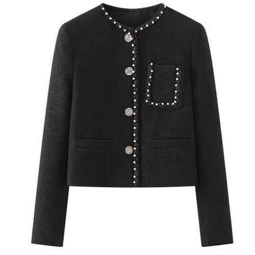 Damen elegante Jacke mit perlenverziertem Kragen und praktischen Taschen Drune