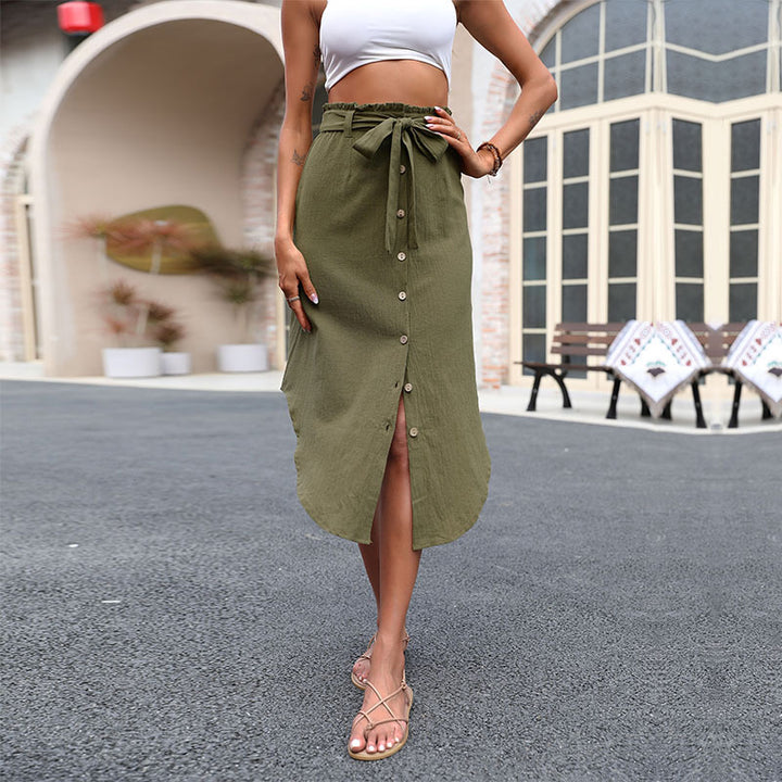 Damen lässiger Wickelrock mit taillierbarem Bindegürtel und Knopfdetails Drune