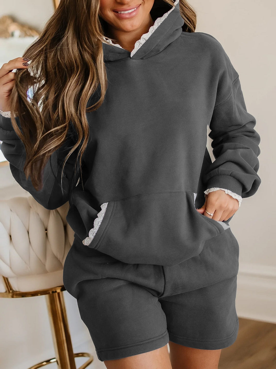 Damen Lässiges Hoodie-Set mit dekorativem Spitzensaum Drune
