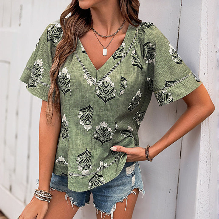 Damen lässige Bluse mit floralen Mustern und V-Ausschnitt Drune