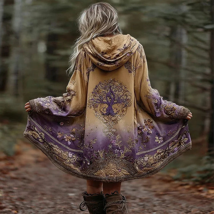 Damen Boho Kapuzenmantel im Schwung-Schnitt mit Baum-Motiv und Farbverlauf Drune