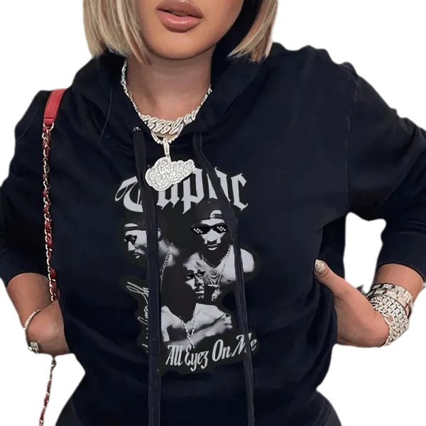 Damen Urbaner Kapuzenpullover mit kreativem Grafikdruck und bequemen Seitentaschen Drune