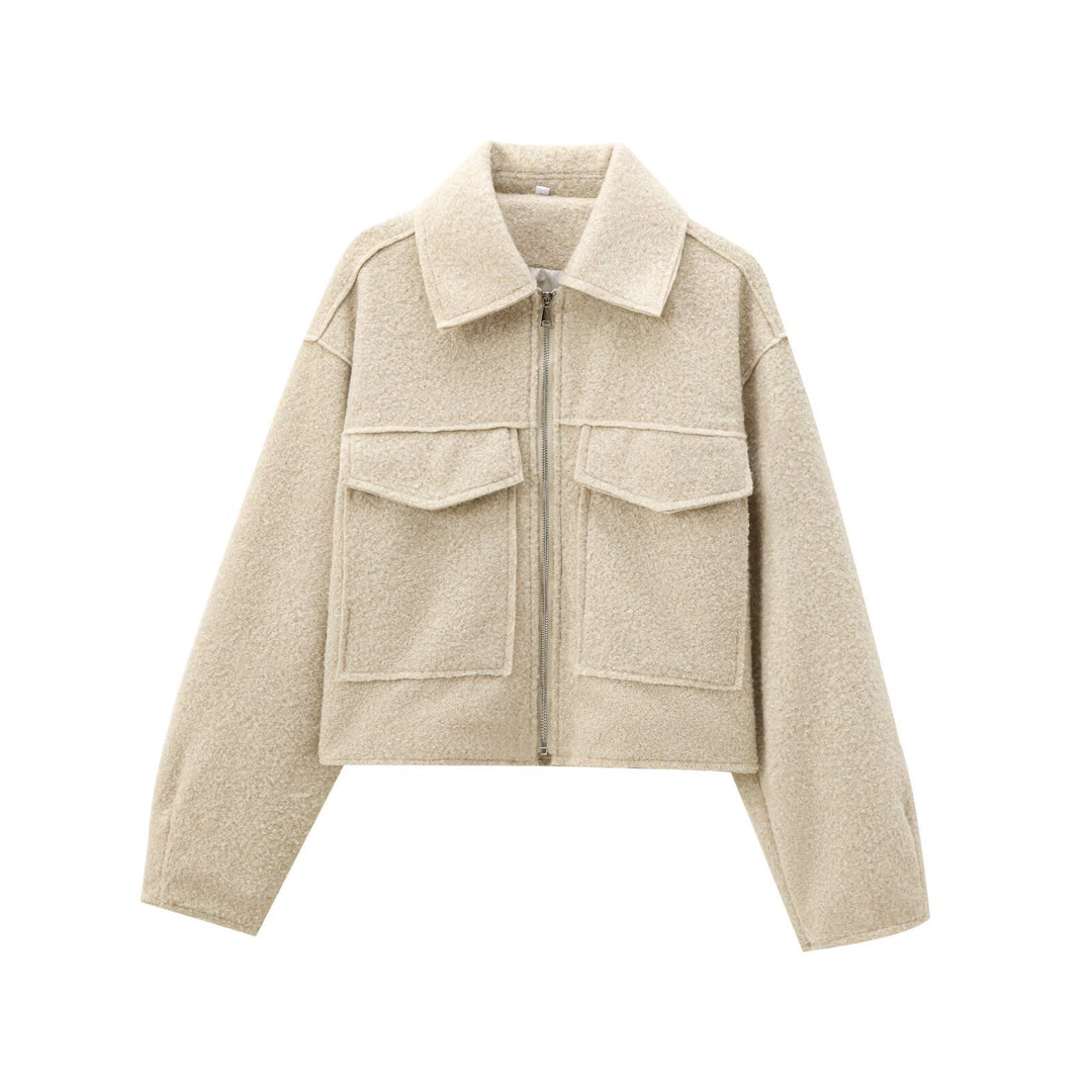 Damen Kurze Bouclé‑Jacke im Boxy‑Cut mit Reißverschluss und Pattentaschen Drune