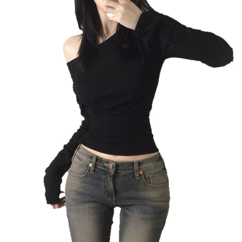 Damen nan schulterfreies Langarmshirt mit taillierter Silhouette und seitlicher Knopfleiste Drune