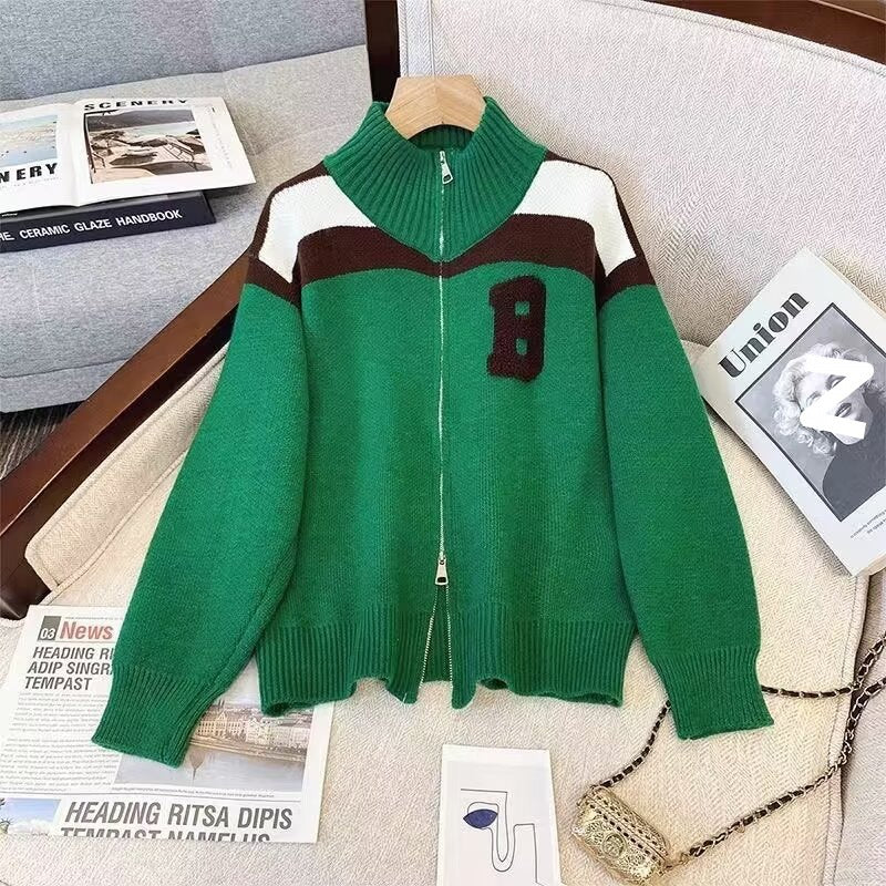 Damen Sportlicher Stehkragen-Strickpullover mit Reißverschluss und kontrastierenden Details Drune