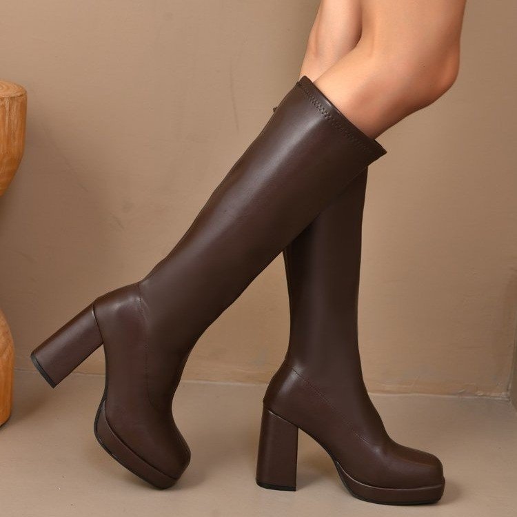 Damen kniehohe Plateaustiefel mit klobigem Blockabsatz und hochglänzender Lackoptik Drune