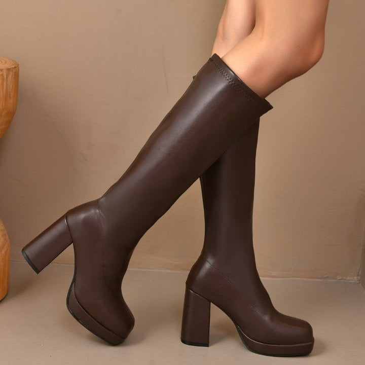 Damen kniehohe Plateaustiefel mit klobigem Blockabsatz und hochglänzender Lackoptik Drune