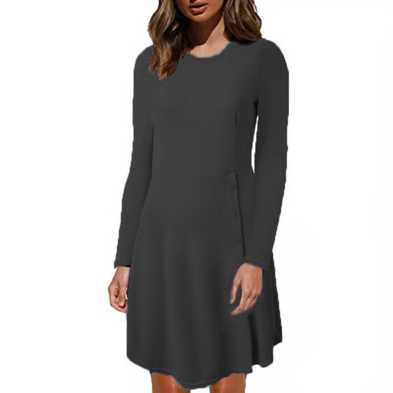Damen Geripptes A‑Linien Kleid mit Rundhalsausschnitt, langen Ärmeln und seitlicher Knopfleiste Drune