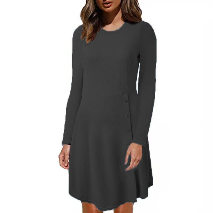 Damen Geripptes A‑Linien Kleid mit Rundhalsausschnitt, langen Ärmeln und seitlicher Knopfleiste Drune