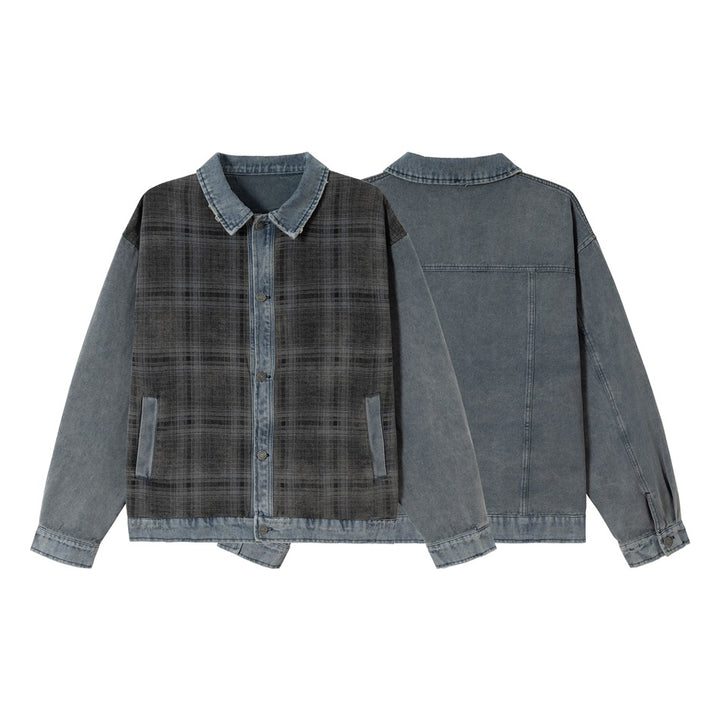 Unisex Boxy-Jeansblouson mit karierter Frontpaneel, kontrastierenden Denim-Ärmeln und Druckknopfleiste Drune