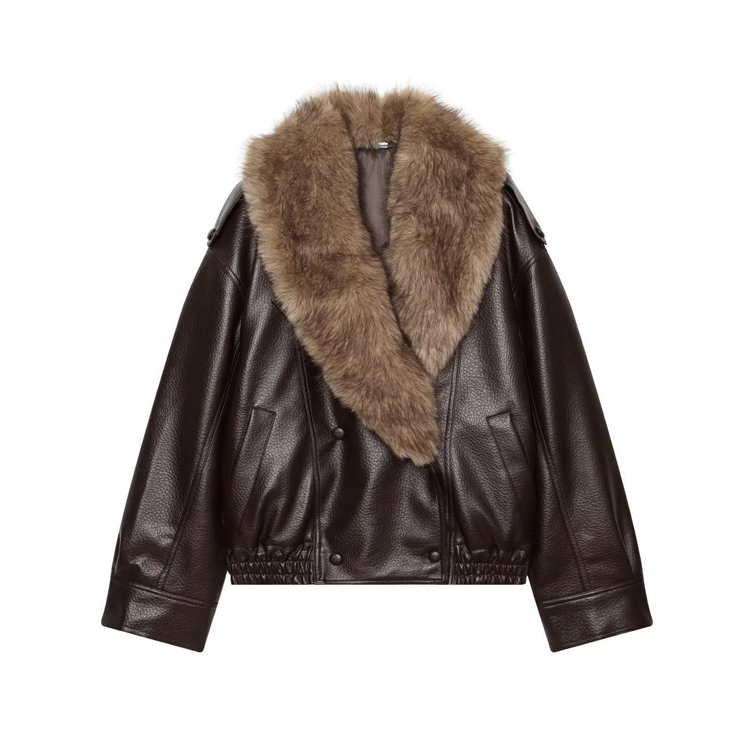 Damen Kurz geschnittene Biker-Lederjacke mit voluminösem Kunstpelz-Schalkragen Drune