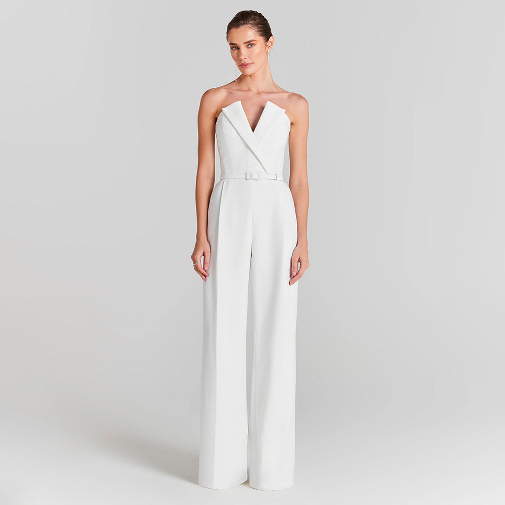 Damen eleganter Jumpsuit mit transparenten Ärmeln und Perlenverzierung Drune