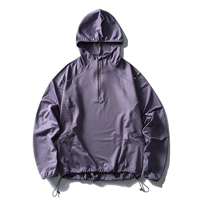 Unisex Leichter Oversize Kapuzenpullover mit Halbzip, gesteppte Einsätze und Tunnelzug Drune