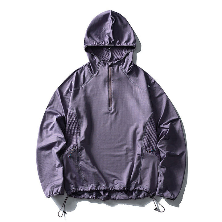 Unisex Leichter Oversize Kapuzenpullover mit Halbzip, gesteppte Einsätze und Tunnelzug Drune