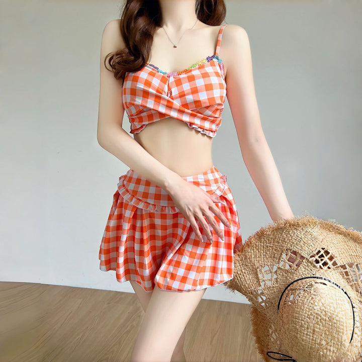 Damen Bikiniset mit hoch geschnittenen Hosen und modischem Karomuster Drune