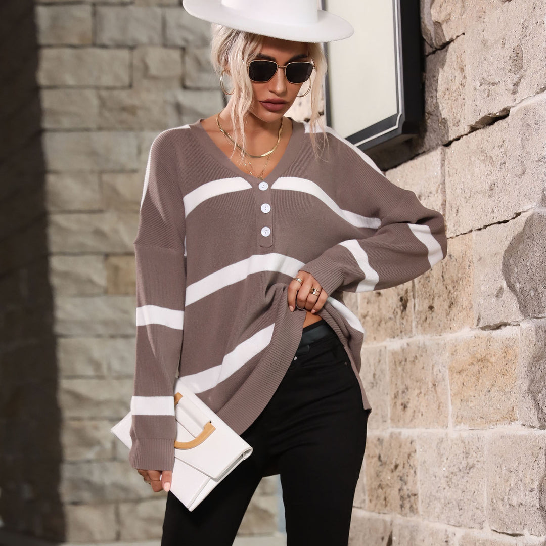 Damen Lockerer V-Ausschnitt Feinstrickpullover mit Knopfleiste und überschnittener Schulter Drune