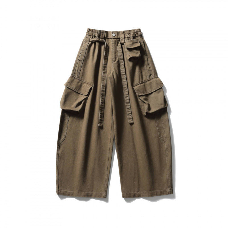Unisex Weite Cargo-Cropped-Hose mit hohem elastischem Bund, Mehrfachtaschen und Kordelzug Drune