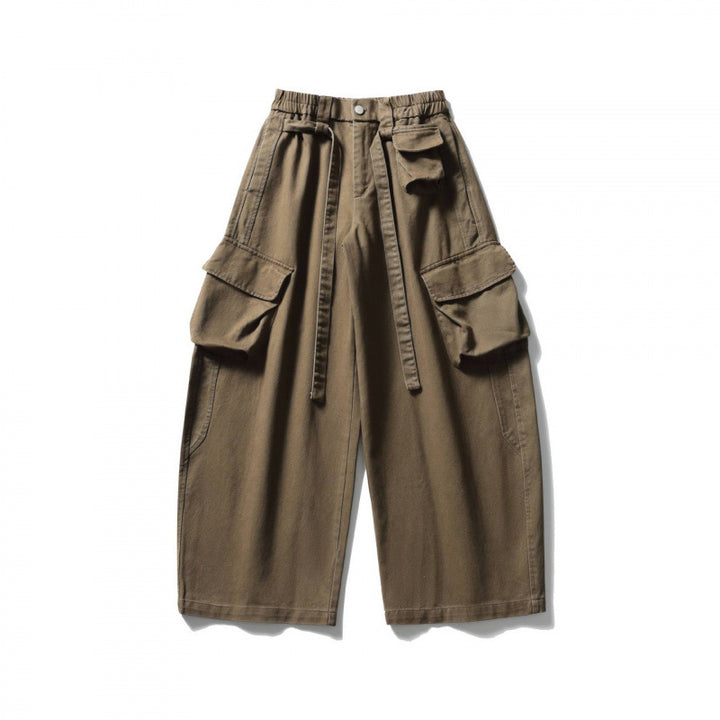 Unisex Weite Cargo-Cropped-Hose mit hohem elastischem Bund, Mehrfachtaschen und Kordelzug Drune